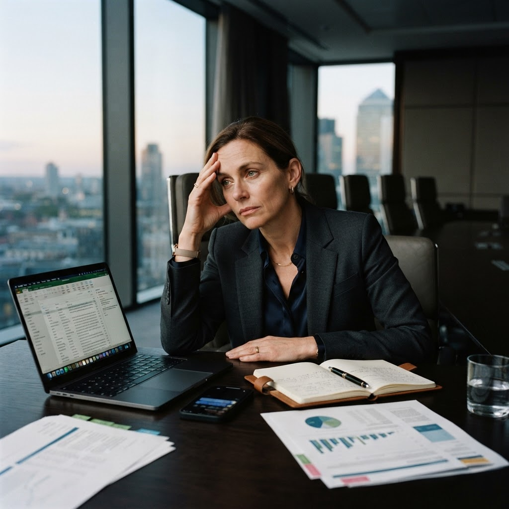 CEO experiencing mental fatigue and executive burnout while working in a modern office.